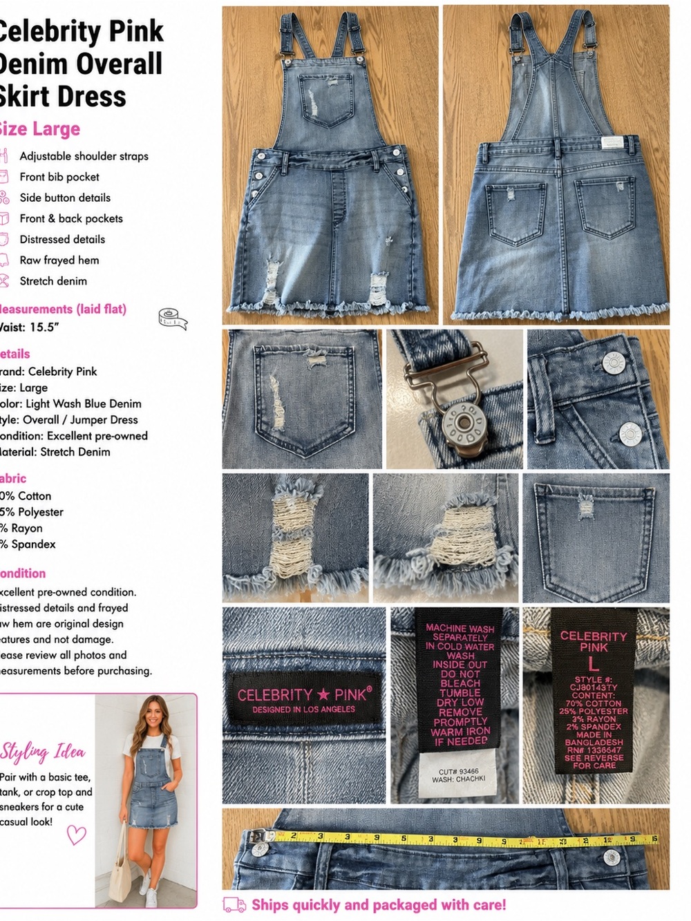 Celebrity Pink Denim Overall Skirt Dress Large Distressed Raw Hem Stretch